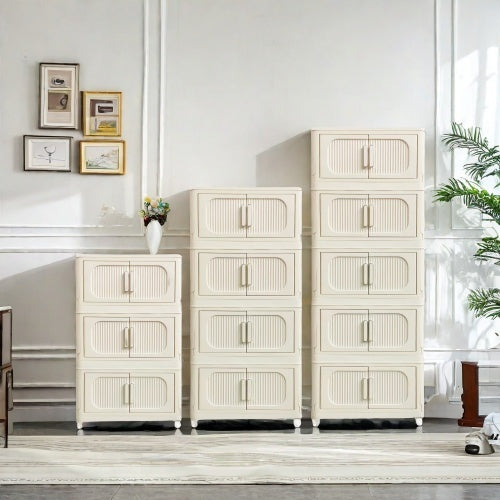Cream White 19.69 Side Wide Folding Storage Cabinet ,3 Tiers,19.69x11.81x31.1,Collapsible Storage Bins With Magnetic Door, Plastic Storage Cabinet With Wheels