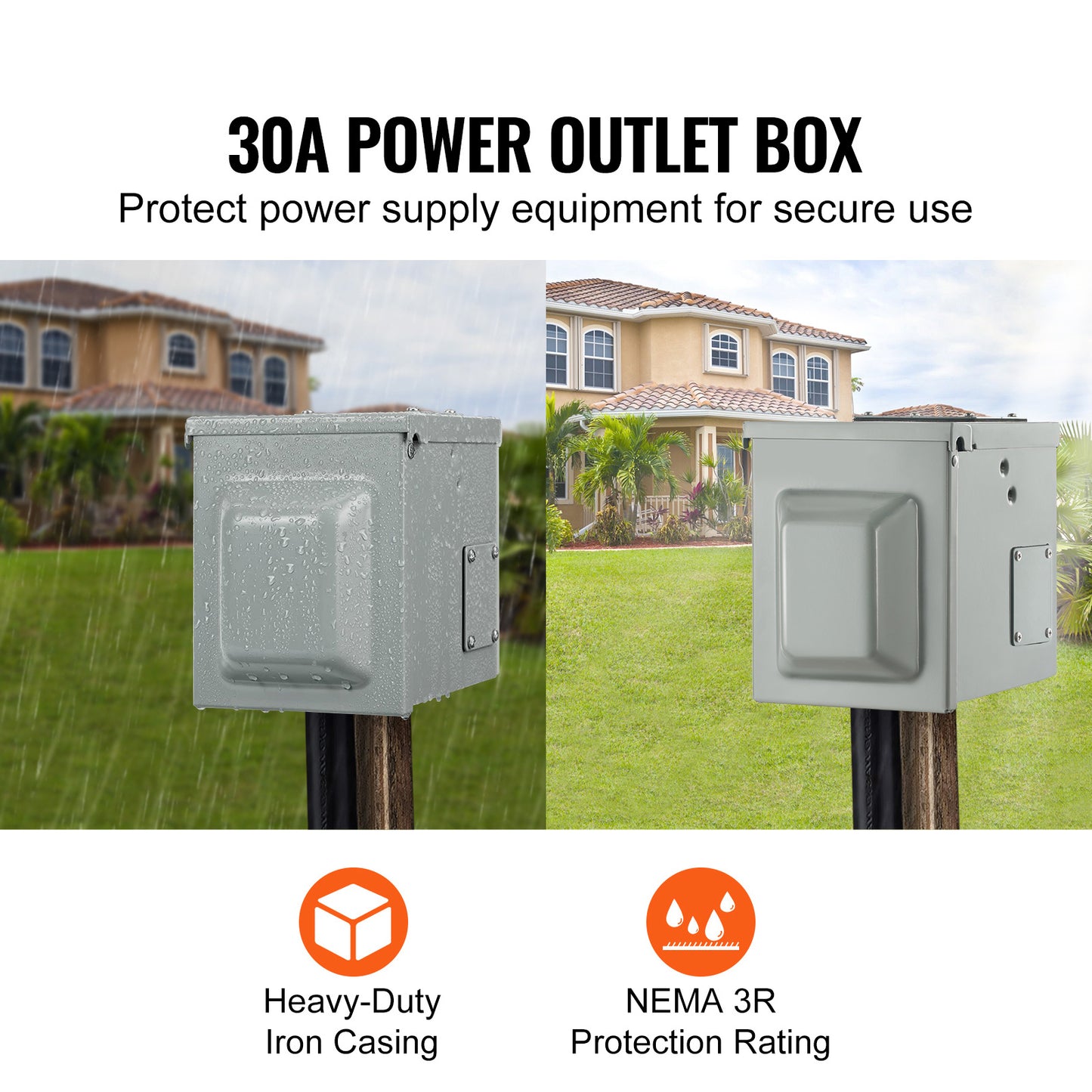 VEVOR 30 Amp RV Power Outlet Box, 125 250 Volt, Enclosed Lockable Outdoor RV Receptacle Box, NEMA TT 30R Weatherproof Electrical Panel, For RV Camper Trailer Motorhome Tested To UL Standards