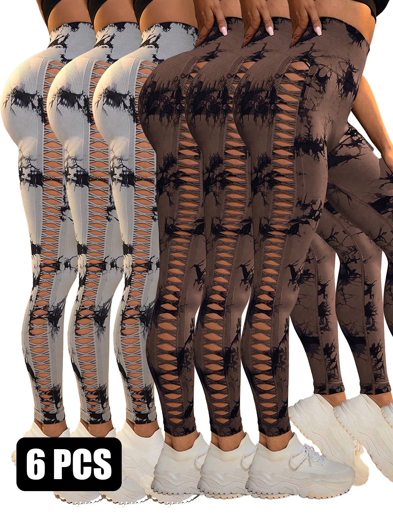 6Pcs Tie-dye Cut-out Leggings Women's Yoga Pants
