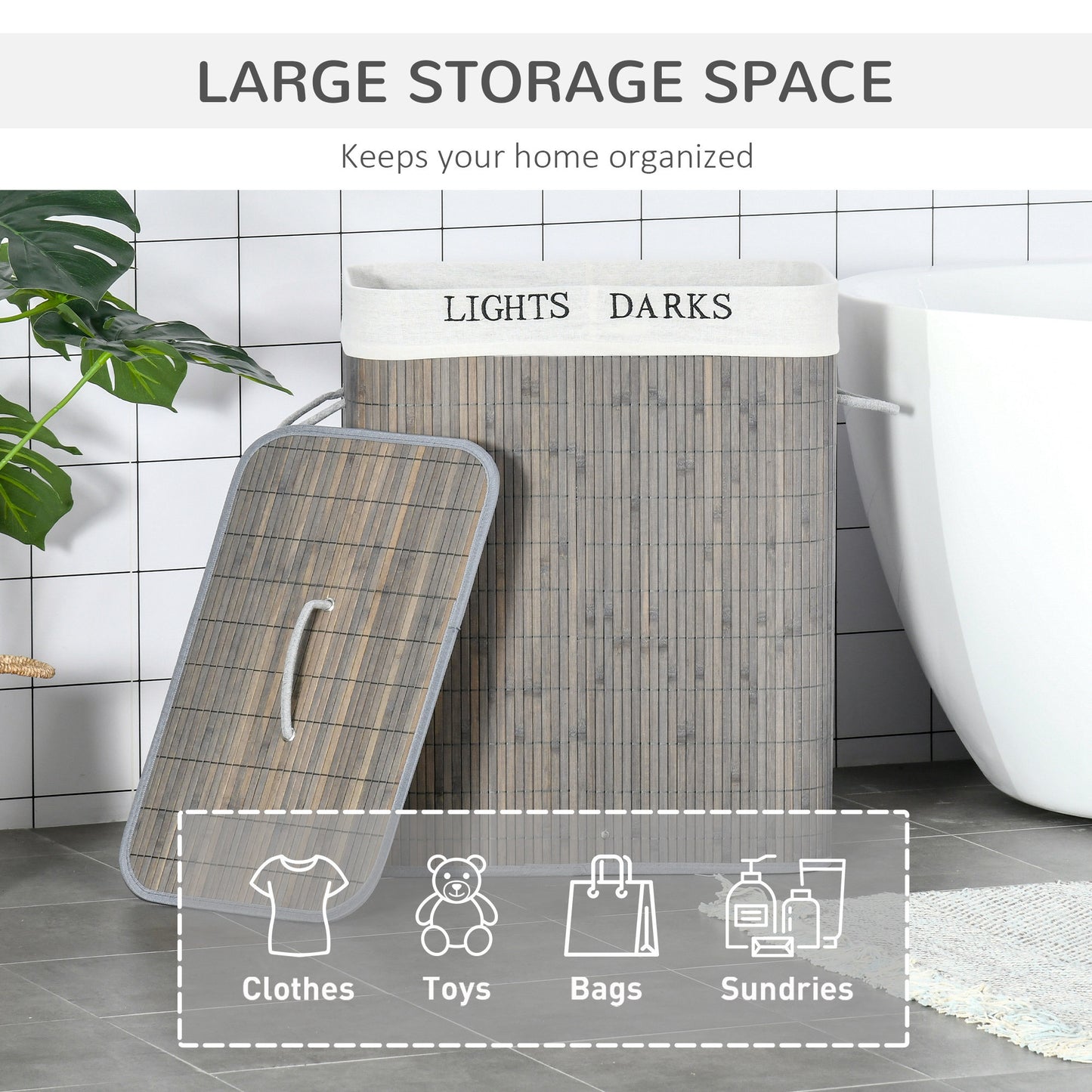 Bamboo Laundry Basket With Lid And String Handles, Collapsible Laundry Hamper With 2 Removable Bag