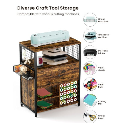 Craft Organization And Storage Cabinet Compatible With Cricut Machines, Crafting Cabinet With Drawer & 25 Vinyl Roll Holder, Craft Table Desk Workstation For Craft Room Home.Rustic Brown.