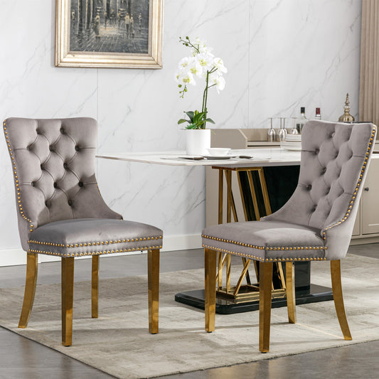 Nikki Collection Modern, High-end Tufted Solid Wood Contemporary Velvet Upholstered Dining Chair With Golden Stainless Steel Plating Legs,Nailhead Trim,Set Of 2,Gray And Gold, SW1601GY