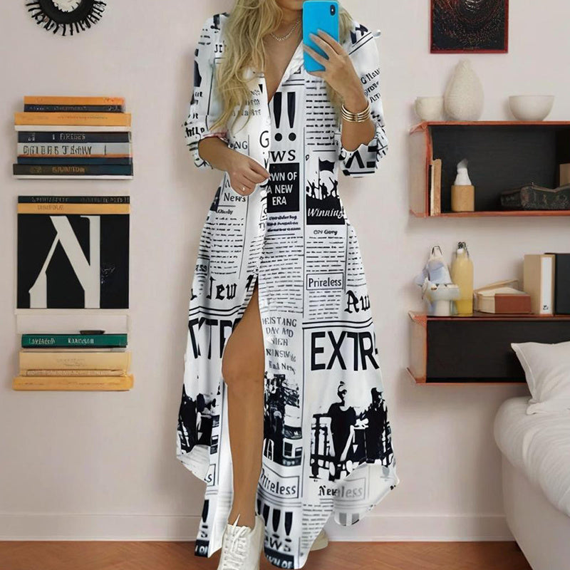 Women's Long Sleeve Newspaper Print Shirt Dress Button Down Casual Long Dress