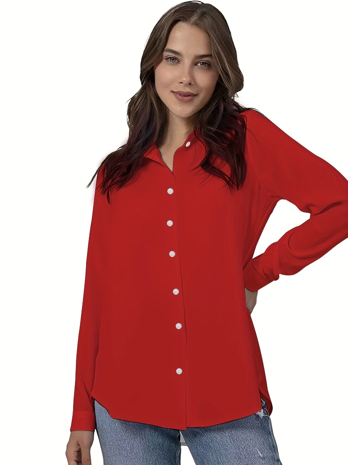 Plus Size Solid Color Shirt Buttons White Black Red