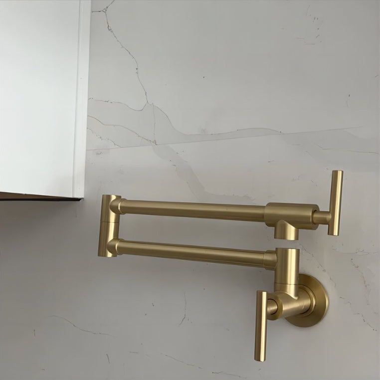 Gold Pot Filler Faucet Wall Mount Kitchen Folding Faucet With Double Joint Swing Arms, Two Handle Design