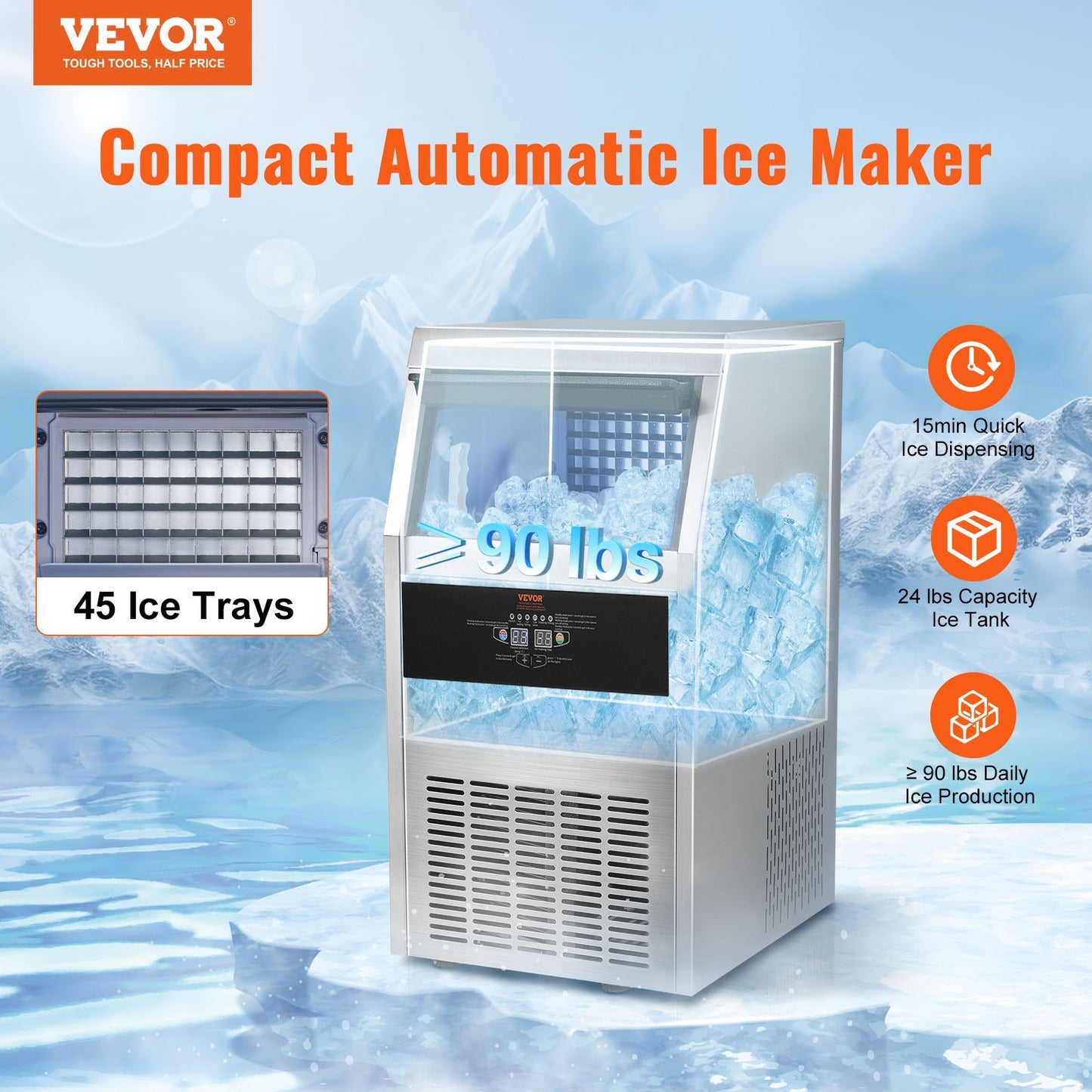 VEVOR 110V Commercial Ice Maker Machine 90LBS 24H With 24LBS Bin, Stainless Steel Automatic Operation Under Counter Ice Machine For Home Bar, Include Water Filter, Scoop, Connection Hose