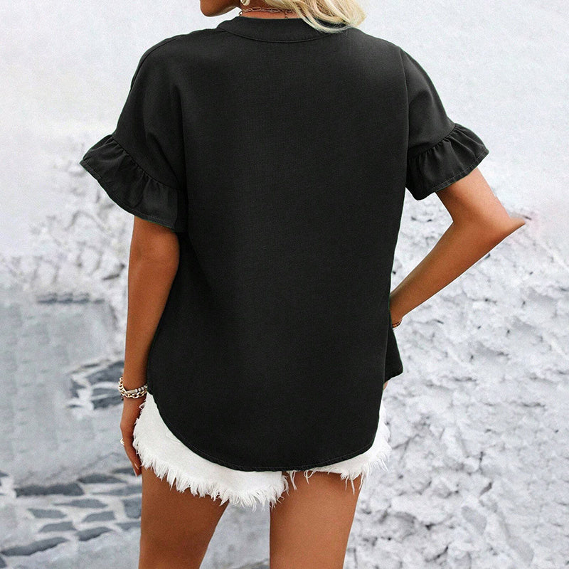 Women's Summer Casual Shirt - Button Front, Pleated Design With Lace Trim, Solid Color Top