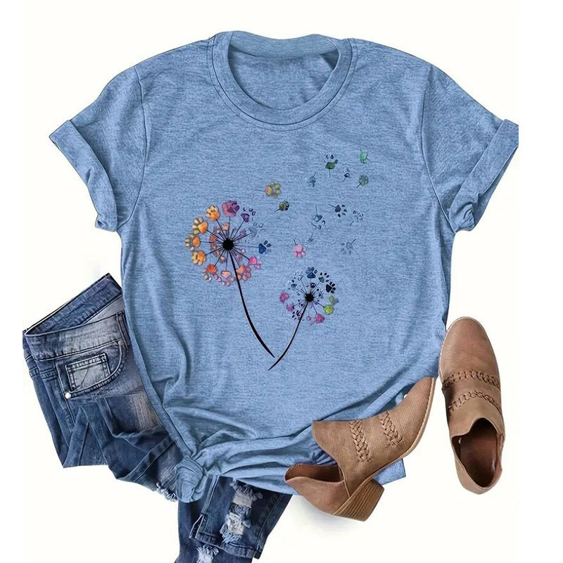 Women's Dandelion Print Round Neck T-Shirt Breathable Summer Casual Top