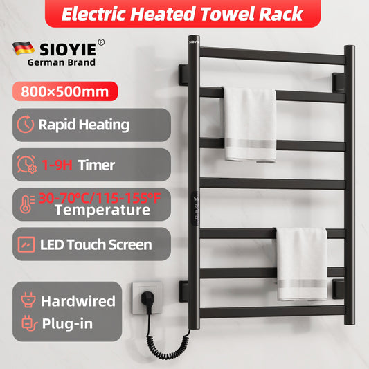 SIOYIE Towel Warmer Bathroom Wall Mounted 6 Bars Electric Towel Drying, 150 W 500 800 MM Heated Towel Rack With Intelligent Touch Screen Timer And Temperature Control Black Left