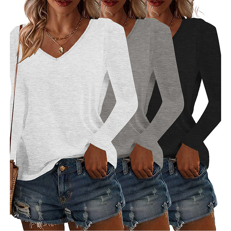 Womens Long Sleeve Shirts Fall Tops Basic Tshirts Loose Fit V Neck 3 Packs