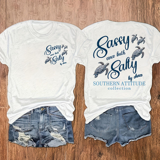 Women's Round Neck Turtle & Slogan Graphic Tee - Playful Summer Essential
