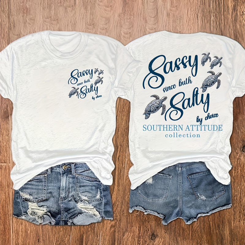 Women's Round Neck Turtle & Slogan Graphic Tee - Playful Summer Essential