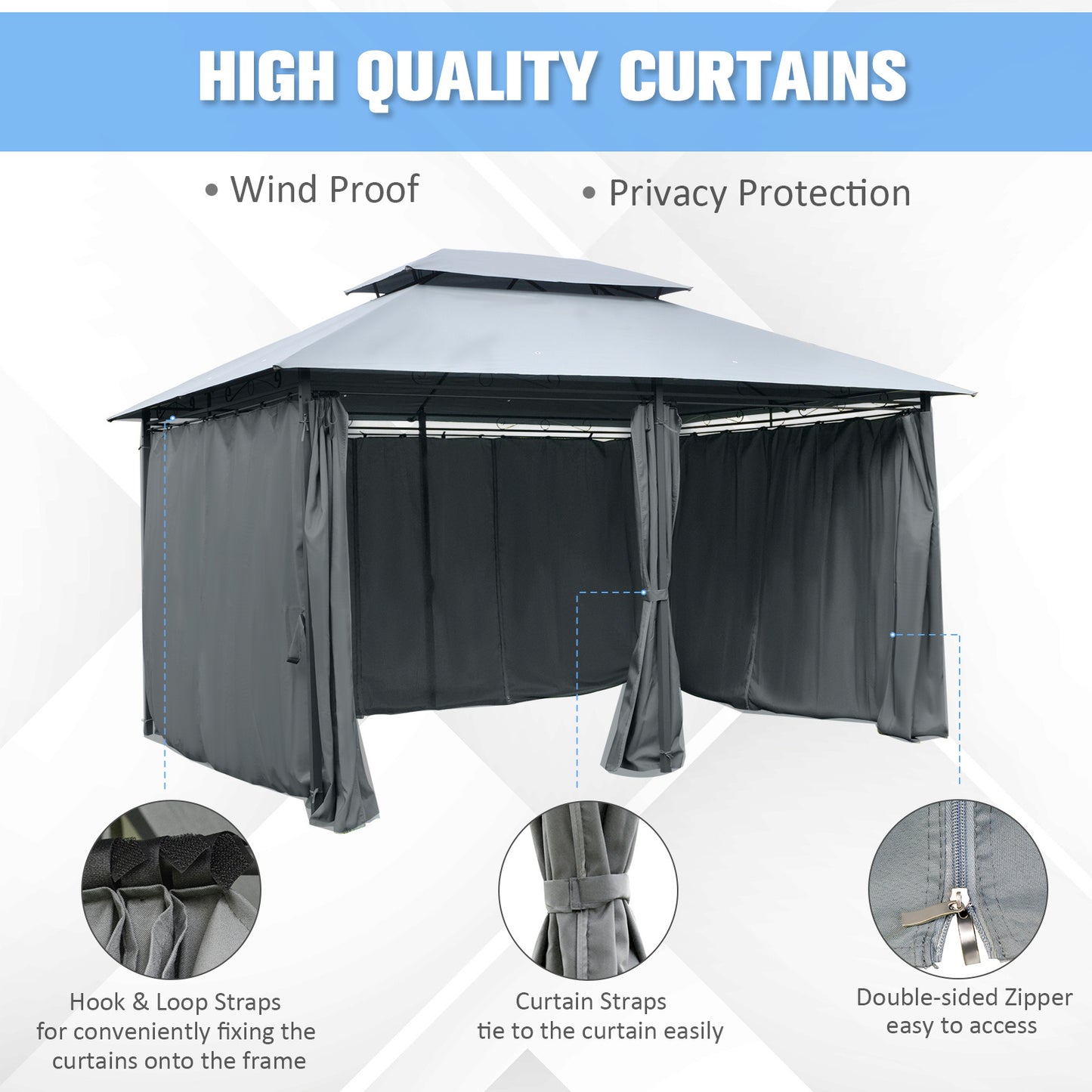 10' X 13' Outdoor Soft Top Gazebo Pergola With Curtains, 2-Tier Steel Frame Gazebo For Patio,