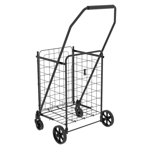 Shopping Cart With Open Door,Grocery Cart On Wheels, Foldable Utility Shopping Carts With Double Basket And 360  Rolling Swivel Wheels For Groceries Laundry