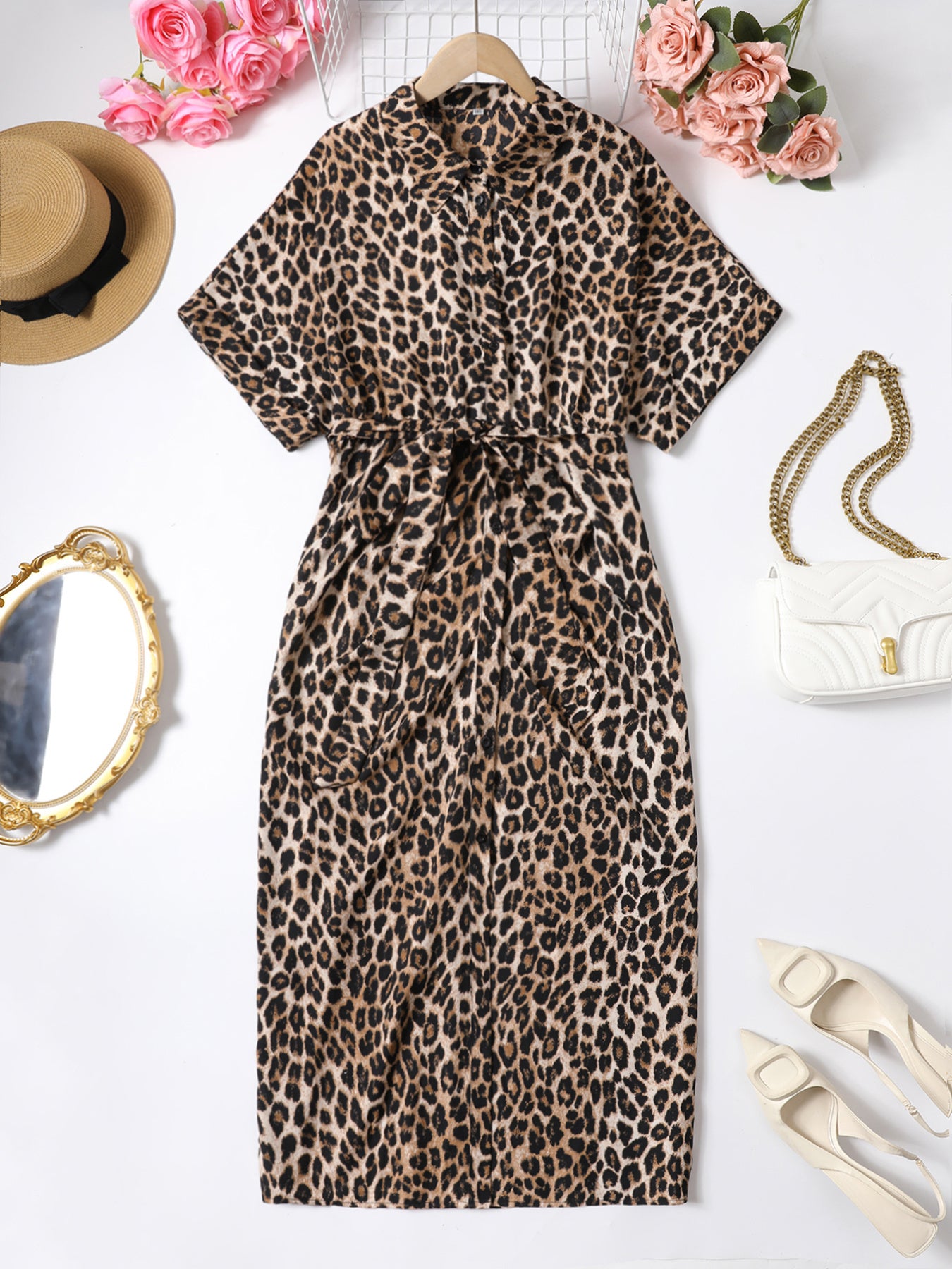 Women's Plus Size Leopard Print Dress - Summer Short Sleeve Button-Down Shirt Casual Loose Maxi Dress