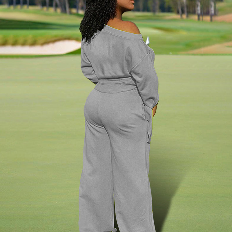 Women's One-Shoulder Casual Set - Solid Color Long Sleeve Top & Elastic Waist Pants With Drawstring & Pockets For Spring & Fall
