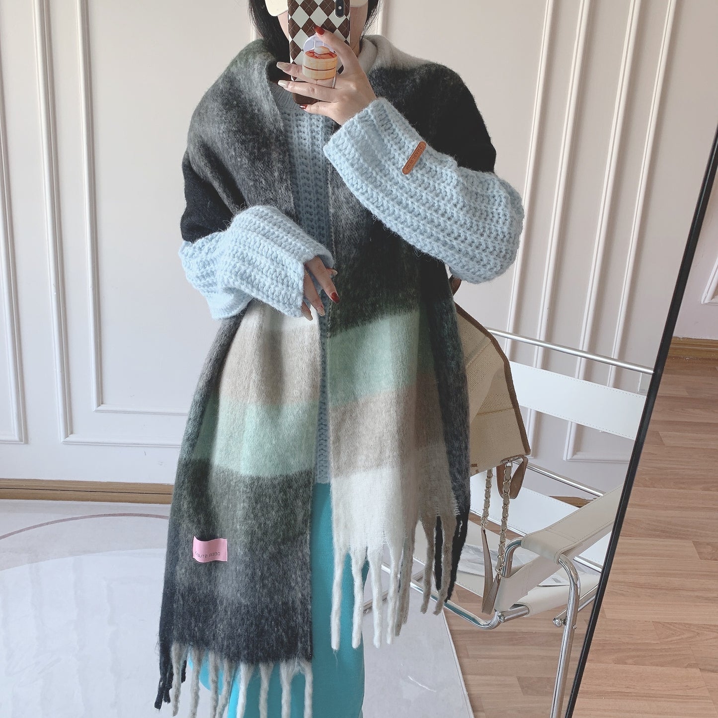 Double-sided Rainbow Plaid Large Scarf In Mohair