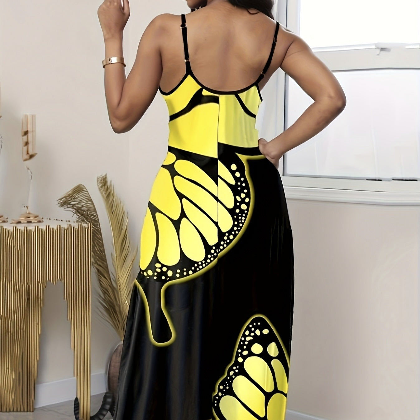 Ladies' V-neck Fashionable Butterfly Print Black Long Skirt Dress