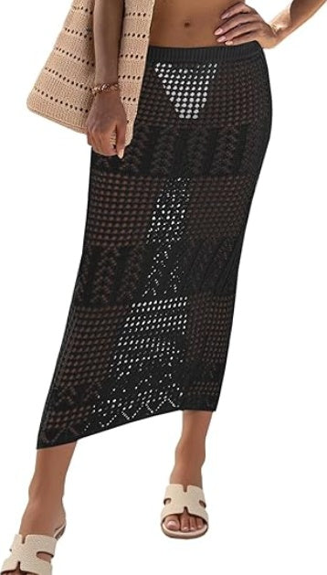 Fisoew Womens Crochet Skirt Cover Up High Waist Sheer Mesh Beach Maxi Skirts Hollow Out Knit Swimsuit Coverups