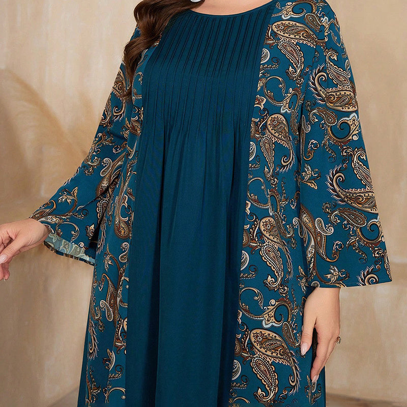 Women's Plus Size Bohemian Floral Printed Maxi Dress, Pleated Front Long Sleeve Crew Neck Loose Fit