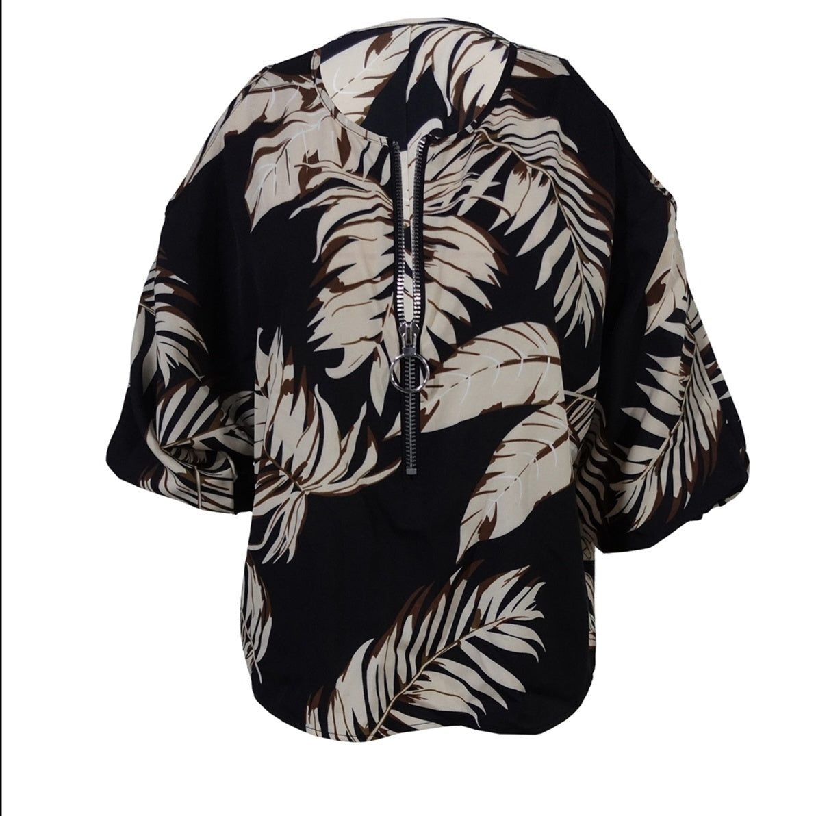 Ladies' Plant Printed Zipper Detail Carving Casual Versatile T-shirt Top