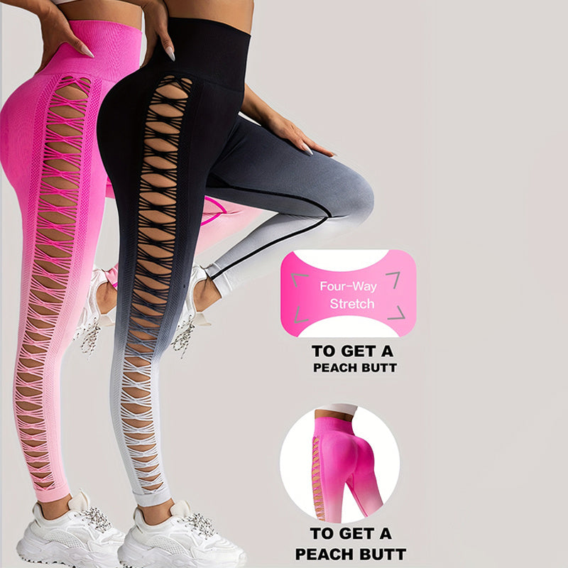2 Pack Cut Out Ombre Gradient Color Hollow High-waist Butt-lifting Fitness Women's Yoga Pants, Women's High Waist Yoga Pants Cutout Ripped Super Soft And Comfortable Skinny