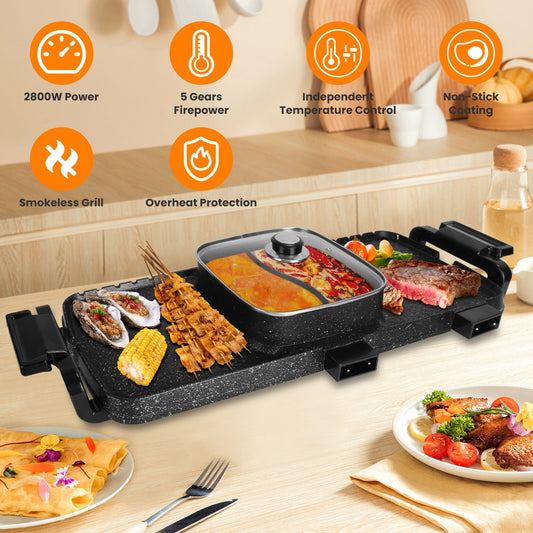 2 In 1 Electric Hot Pot With Grill 2800W Smokeless Non-Stick Korean BBQ Grill Shabu Shabu Hot Pot Combo With Independent Temperature Control 5 Gears Firepower For 3-10 People