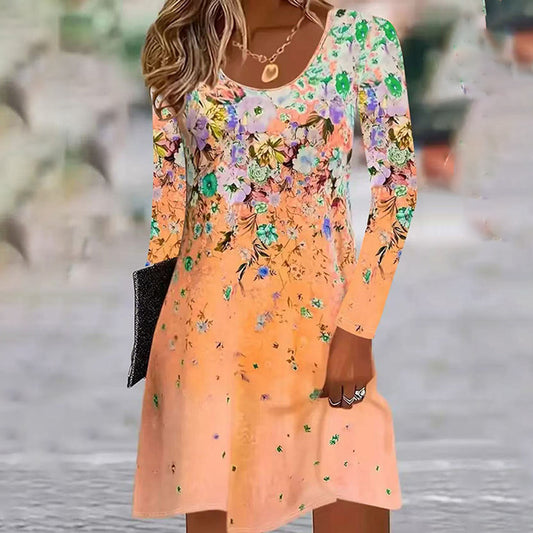 Women's Boho Floral Print Long Sleeve Tunic Dress  Casual Crew Neck Loose Mini Dress