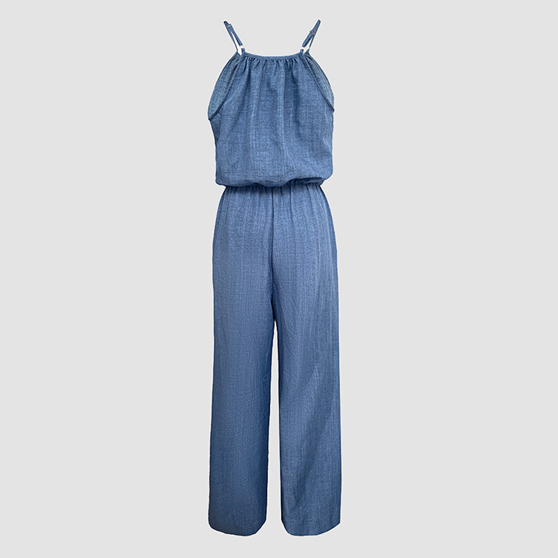 Women's Elegant Sleeveless Solid Color Jumpsuit - Wide Leg With Drawstring Waist, Shoulder-Baring Style For Spring&Summer