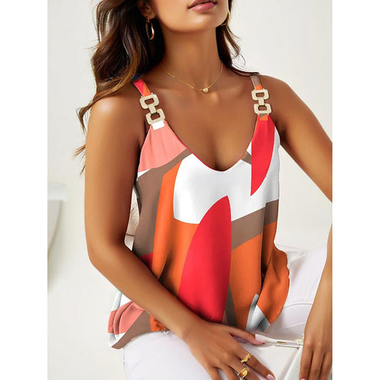 Summer Tank Tops For Women V Neck Chain Straps Sleeveless Top Loose Fit Casual Stripe Shirts Blouse