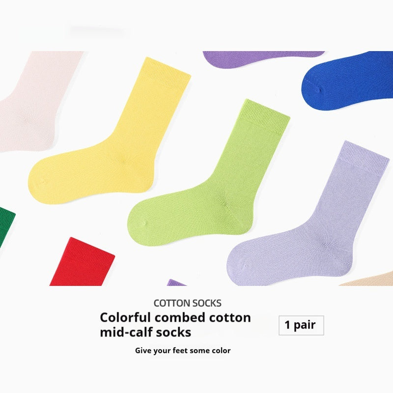 Solid Color High-elastic Mid-calf Boneless Macaron Colored Cotton Socks