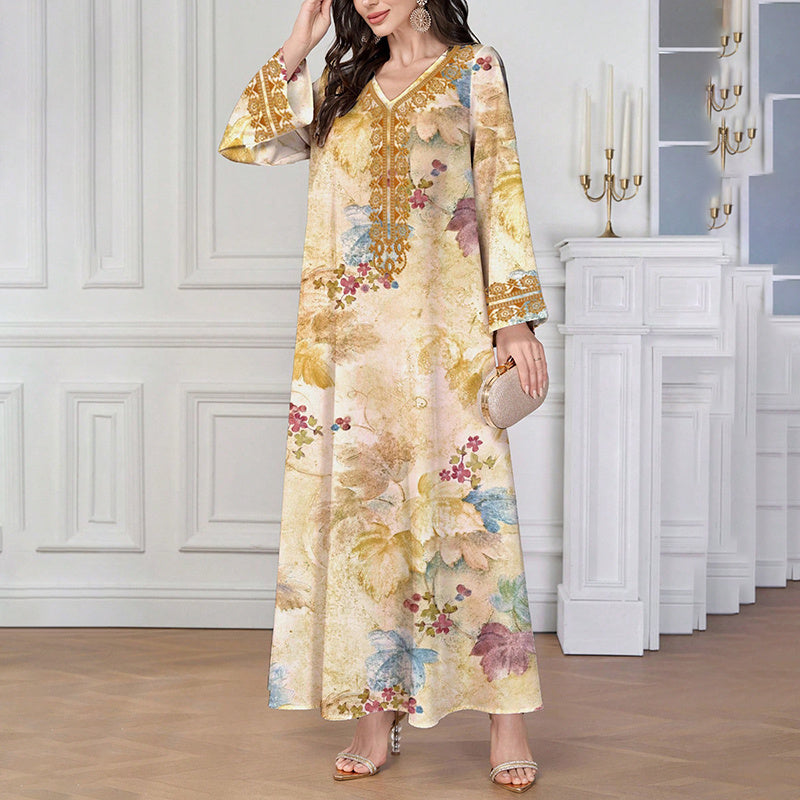 Women's Chic Bohemian Floral V-Neck Maxi Dress, Elegant Golden Long Sleeve Loose Fit Casual Dress