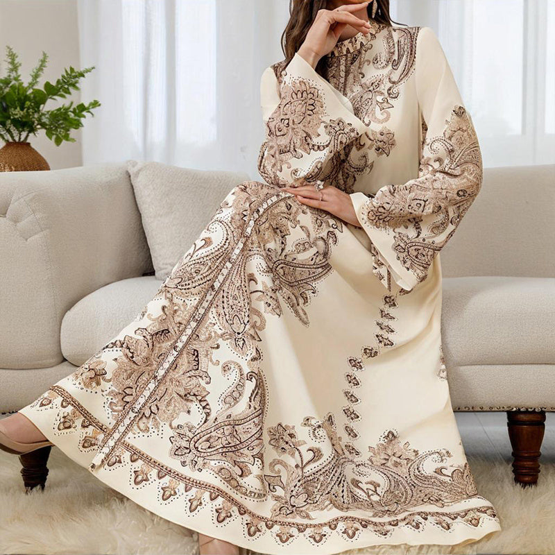 Women's Vintage High-Neck Floral Maxi Dress Loose Long Sleeve, Adjustable Waist Belt, Middle Eastern Inspired Holiday Dress Ankle-Length Gown