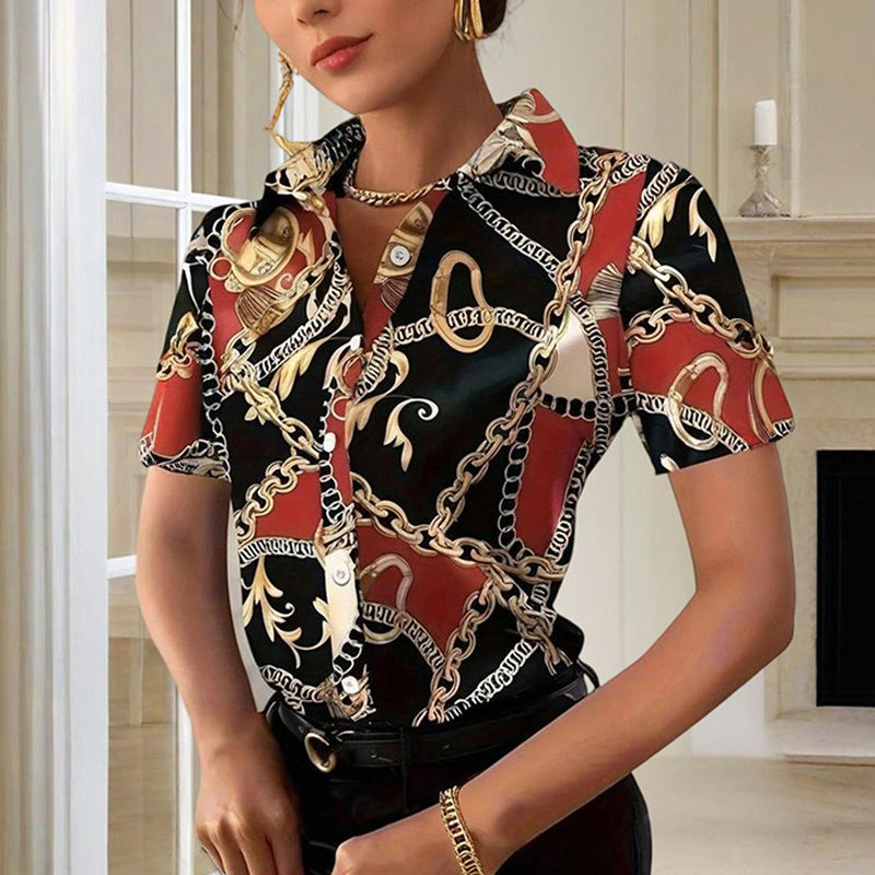 Women's Lapel Collar Short Sleeve Shirt - Chain Print Design, Button-Up Casual Top Comfortable Summer Wear