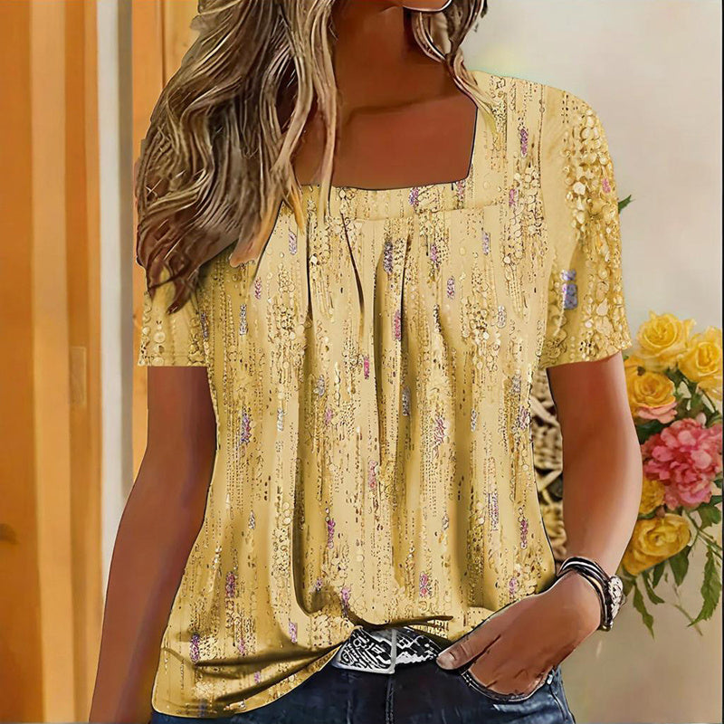 Women's Casual Square Neck Glitter T-Shirt - Sparkling Short Sleeve Top With Printed Design, Vibrant Spring&Summer Fashion Tee