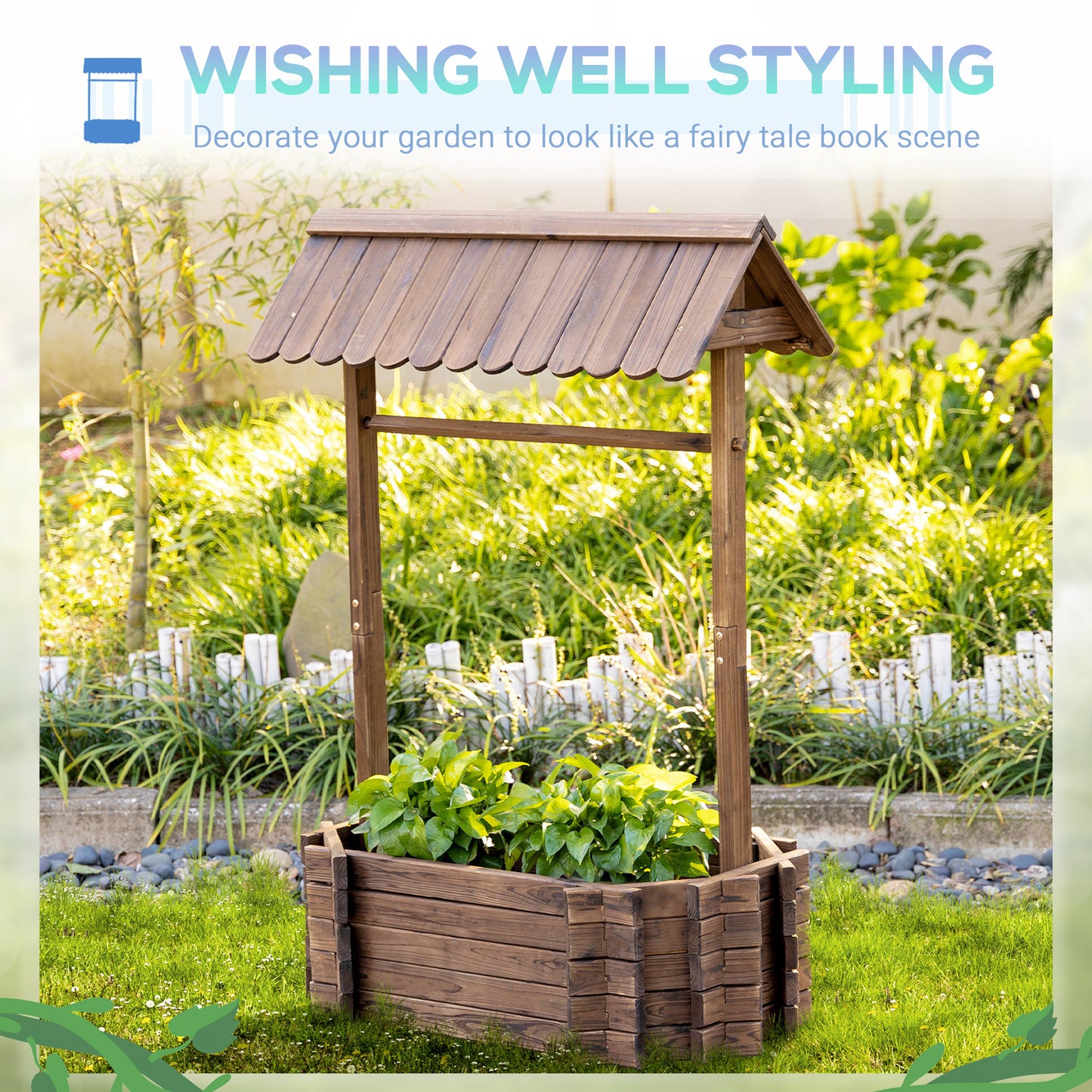 Wishing Well Planter, Wooden Raised Garden Bed, Ornamental Outdoor Flower Planter For Outdoor Garden