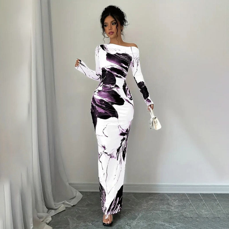 Women's Elegant Off-Shoulder Tie-Dye Floral Bodycon Dress Stretchy Season Party & Casual Dress