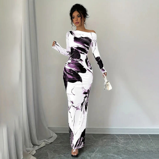Women's Elegant Off-Shoulder Tie-Dye Floral Bodycon Dress Stretchy Season Party & Casual Dress