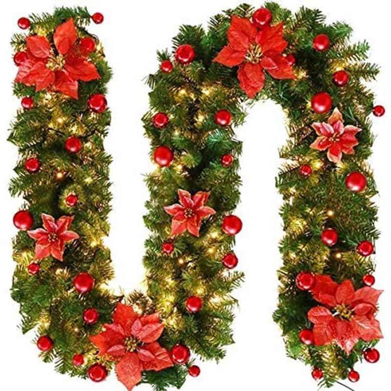 2.7M Christmas Garland With Lights Rattan Artificial Fireplace Wreath Stair Deco