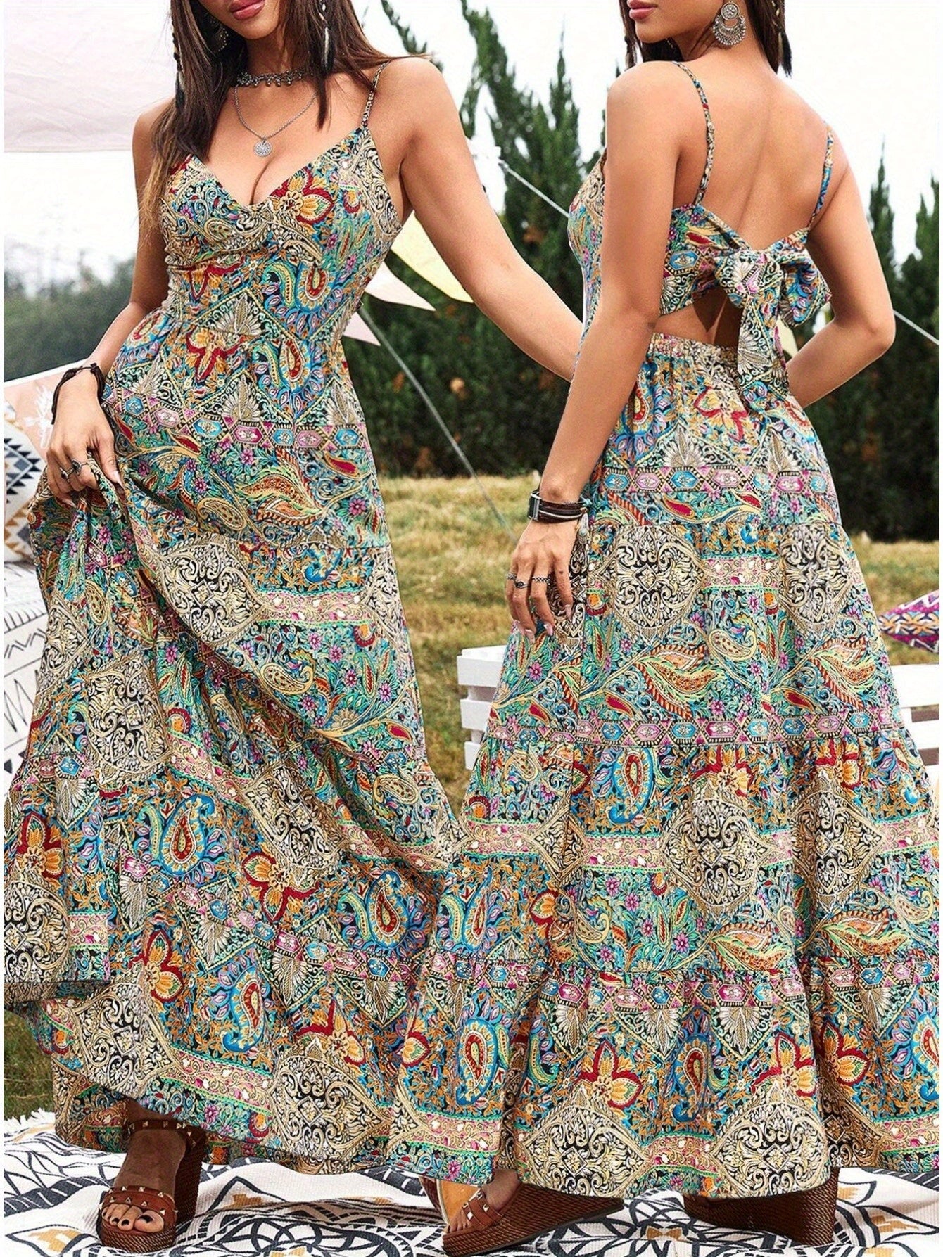 Women's Summer V-Neck Paisley Print Vacation Dress - Sexy Open Back Bowknot Flowy Maxi Party Dress