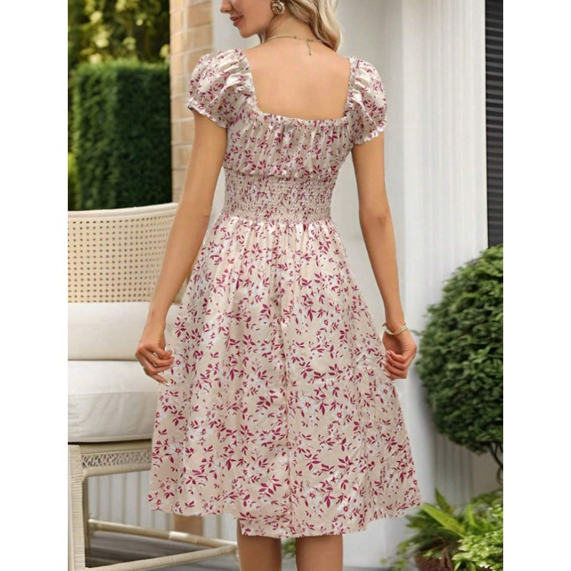 Women's Floral Summer Dress Casual Short Sleeve Ruffle Flowy Midi Sundress Boho Beach Vacation Dress