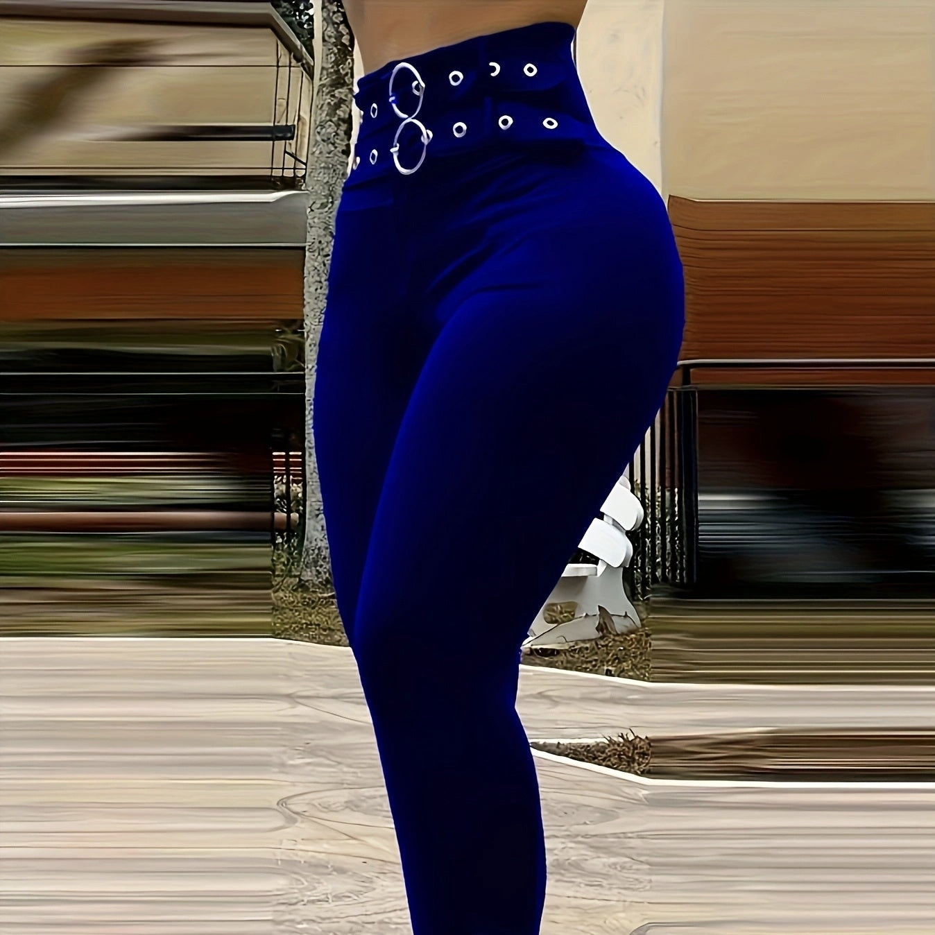 Ladies' Solid Color Buckle And High Waisted Perforated Pants Sexy Slim Fit Pants Sexy Versatile New Clothes