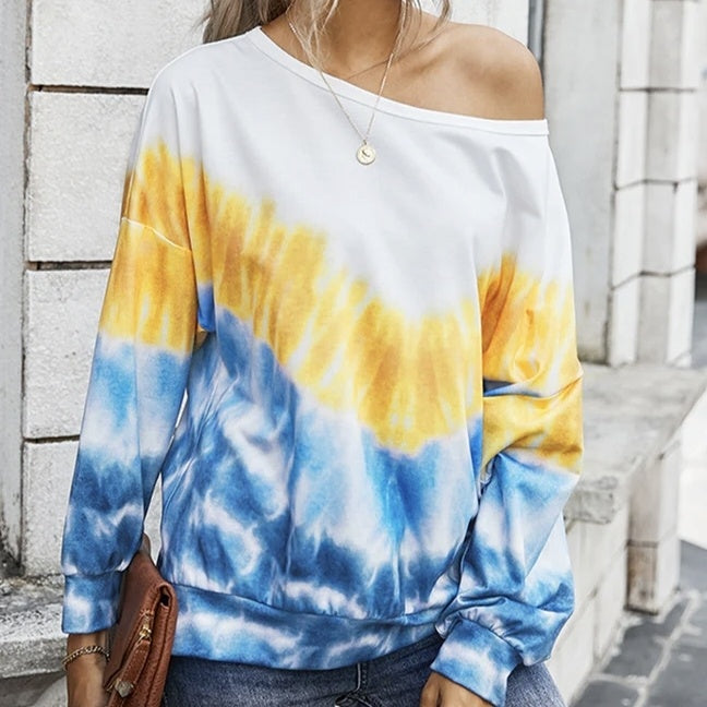 Ladies' Fashionable New Casual Long Sleeved Round Neck Gradient Contrasting Pullover Hoodie Top