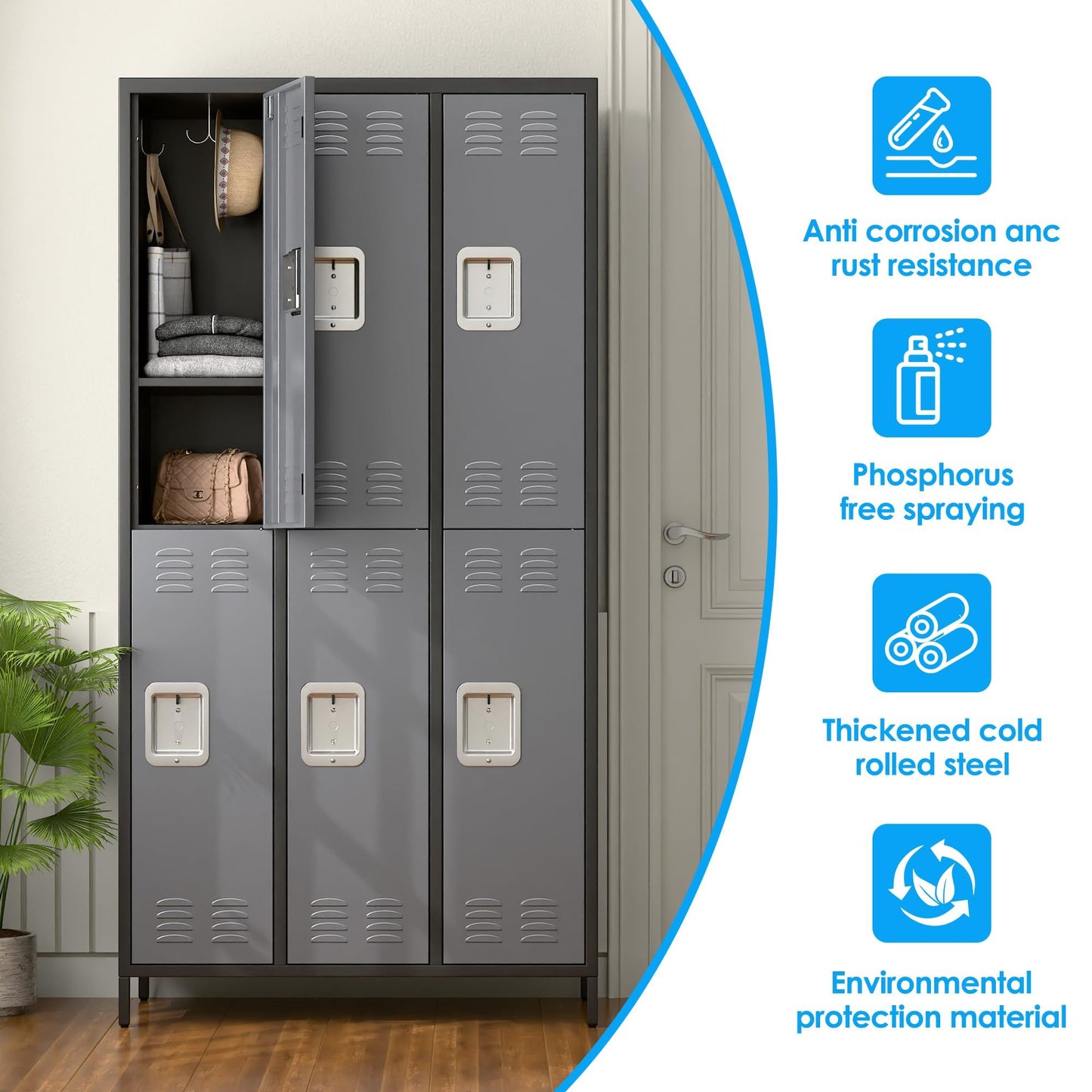 Metal Lockers For Employees,Locking Metal Storage Locker With 6 Doors &18 Hooks For School Office Gym Bedroom,Assembly Required,Black And Dark Grey