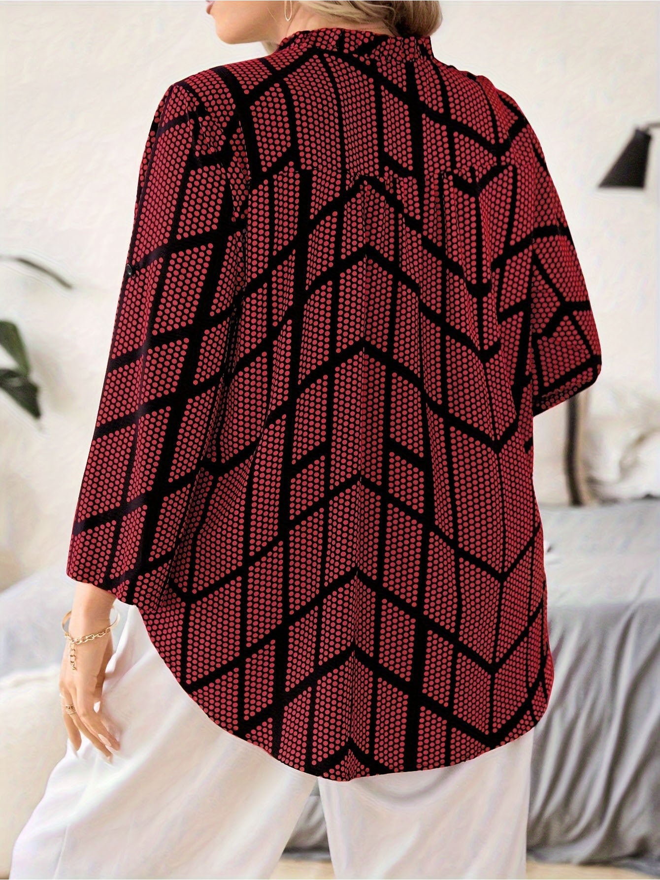 Women's Plus Size Summer Dot Print V-Neck Elbow Sleeve Blouse - Resort Casual Work Top