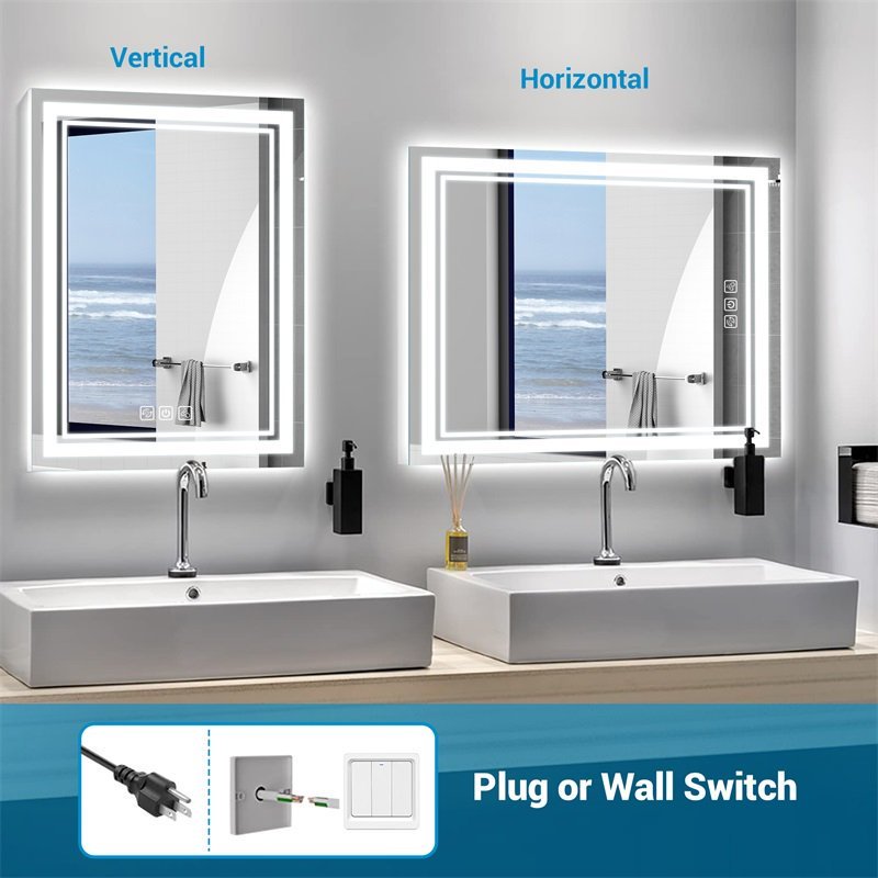 LED Bathroom Mirror Front And Backlight, 5 Mins Defog, 5MM Full HD Reflected Wall Mounted Vanity Mirror, 3 Colors Stepless Dimmable, CRI90, Memory Function Plug-in Hardwire