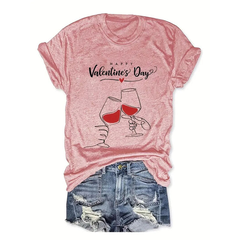 Women's Round Neck Short Sleeve T-Shirt With Wine Glass Cheers Print Casual Summer Top