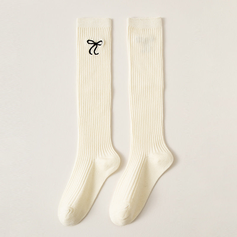 Bowknot Embroidery Stockings Preppy Style Calf Socks Children's High-top Cotton Socks