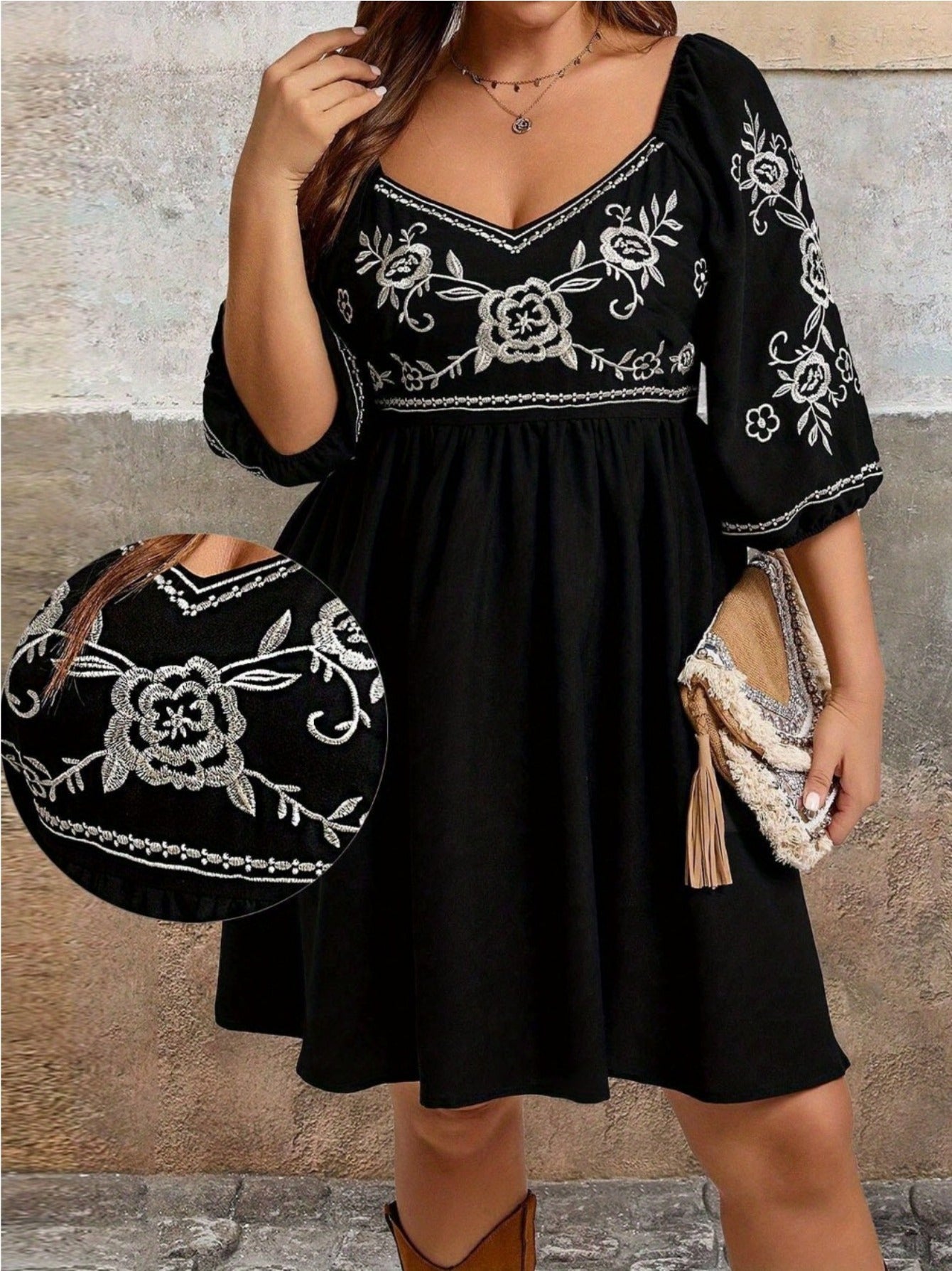 Women's Plus-size V-neck Embroidered Summer Casual Short Dress With Smocked Back Detailing