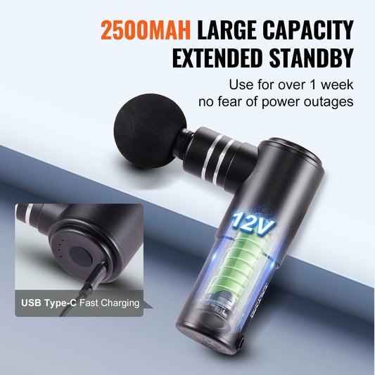 VEVOR Massage Gun Deep Tissue, Percussion Mini Muscle Massage Gun For Athletes - With 4 Speed Levels & 4 Massage Heads, 12V 2500mAh Batteries, Handheld Massage Gun For Pain Relief, Muscle Relaxation